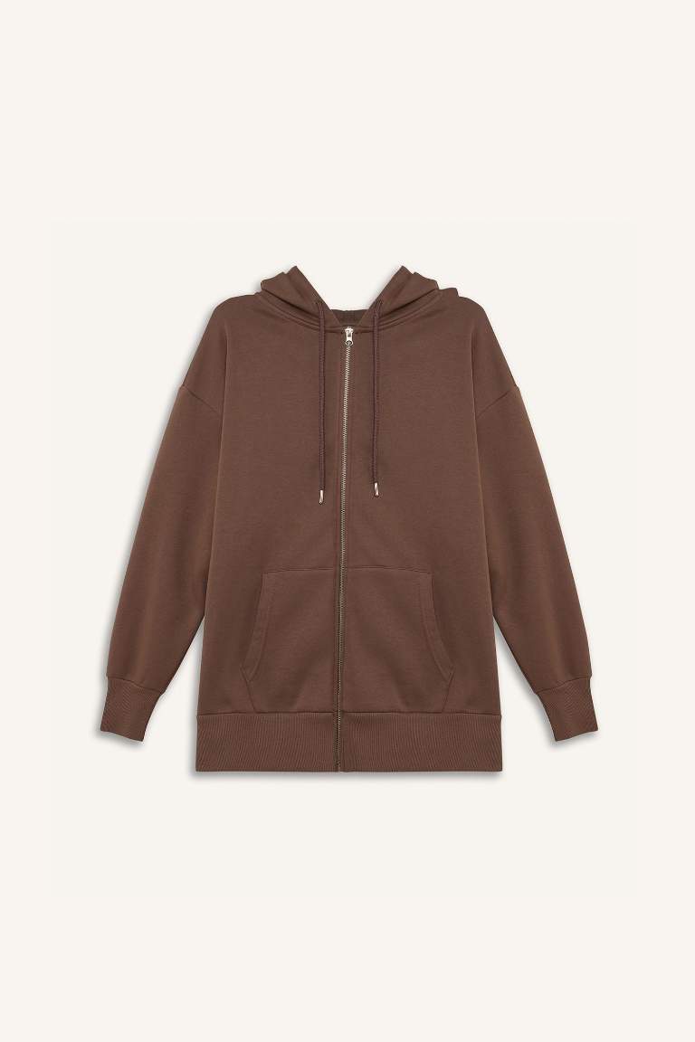 Oversize Fit Hooded Pocket Basic Zippered Sweatshirt