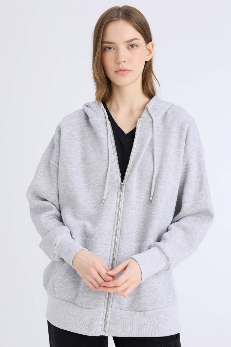 Oversize Fit Hooded Thick Sweatshirt Fabric Cardigan