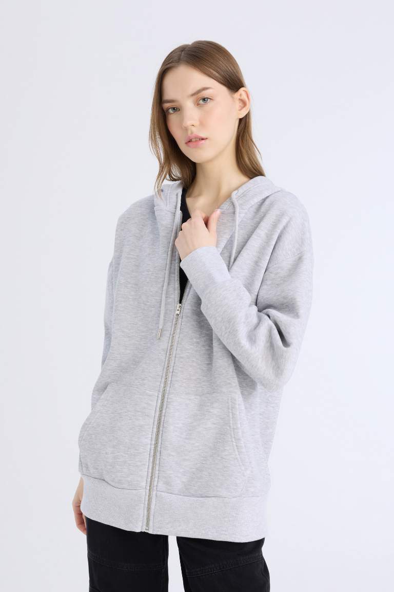 Oversize Fit Hooded Thick Sweatshirt Fabric Cardigan