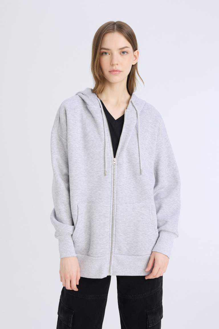 Oversize Fit Hooded Thick Sweatshirt Fabric Cardigan