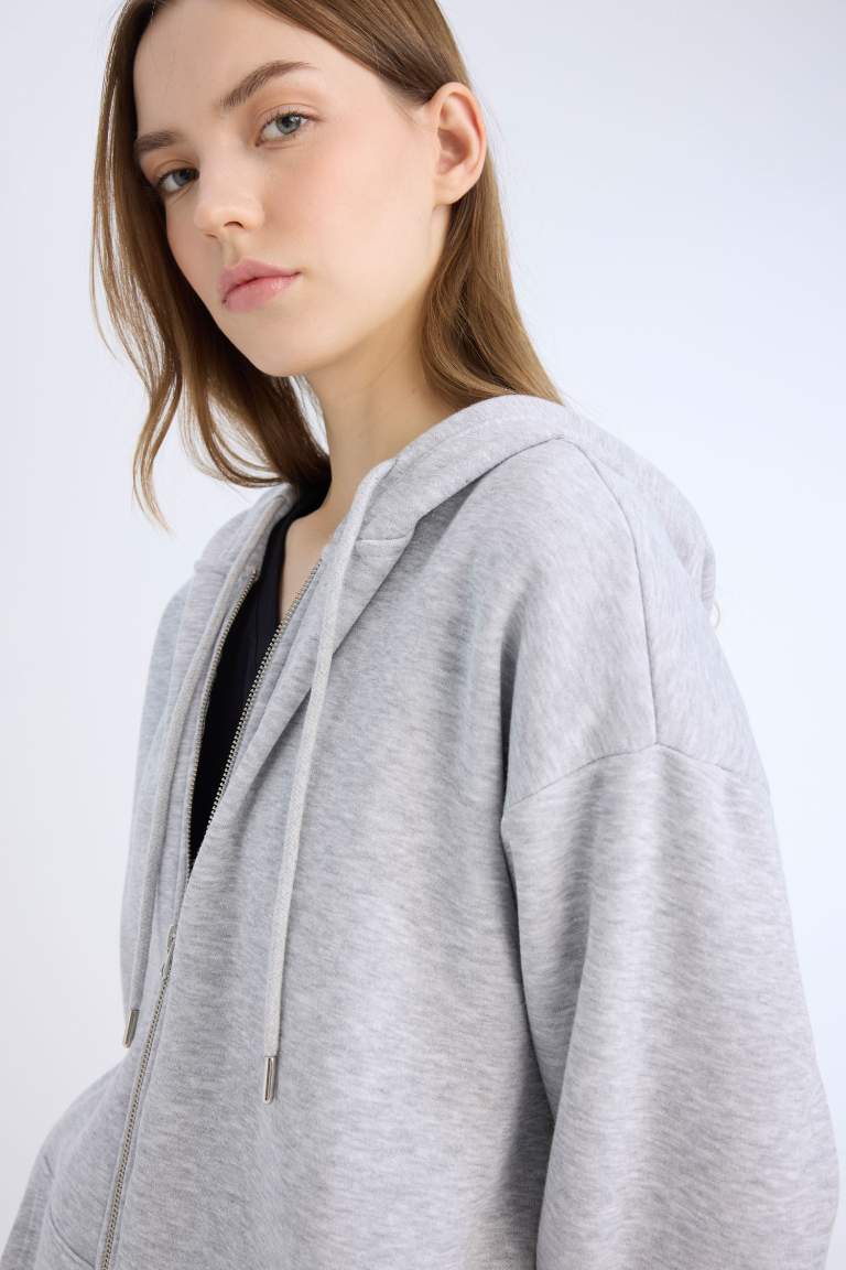 Oversize Fit Hooded Thick Sweatshirt Fabric Cardigan