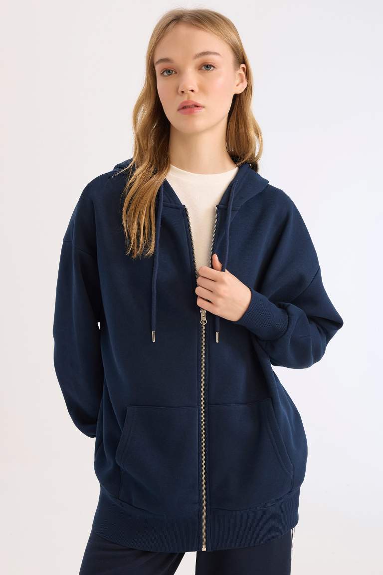 Oversize Geniş Kalıp Kapüşonlu Cepli Basic Düz Fermuarlı Sweatshirt