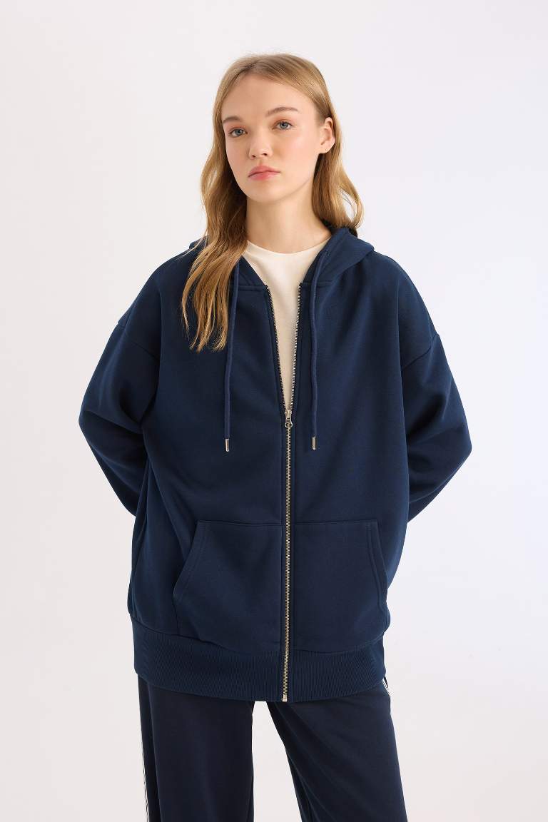 Oversize Fit Hooded Thick Sweatshirt Fabric Cardigan