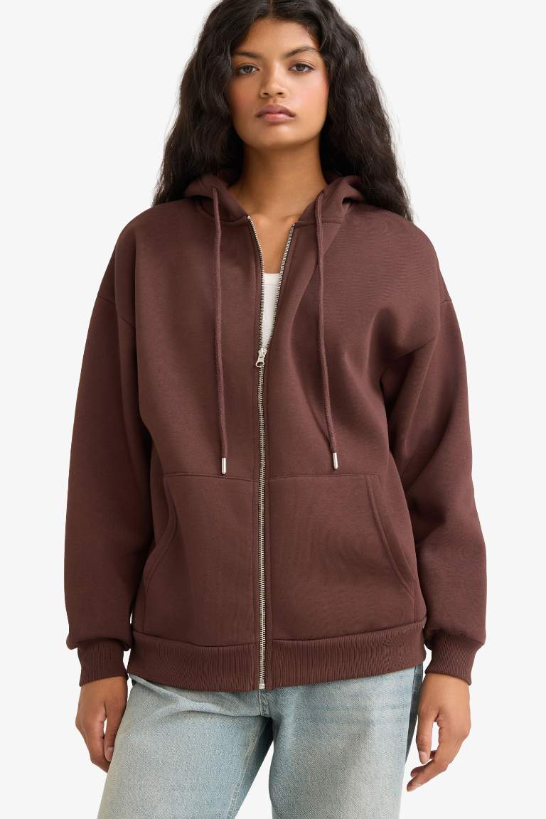 Oversize Fit Zippered Hooded Sweatshirt