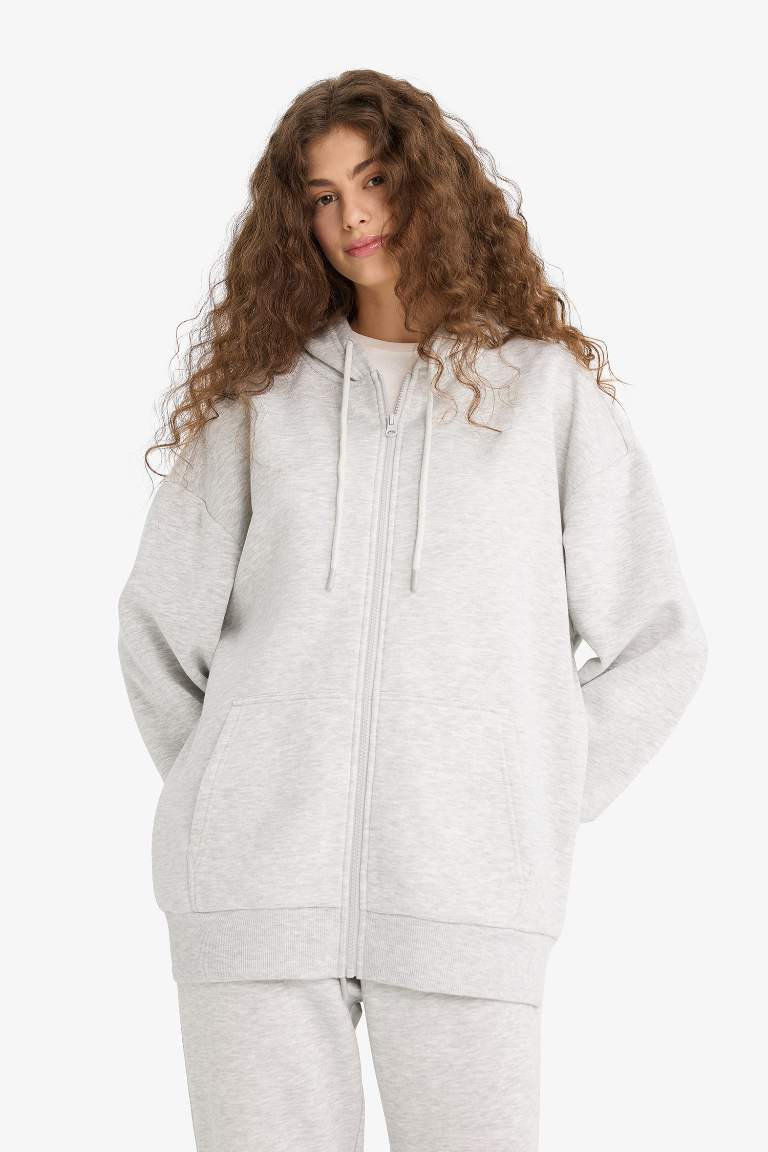 Oversize Geniş Kalıp Kapüşonlu Kalın Fermuarlı Sweatshirt