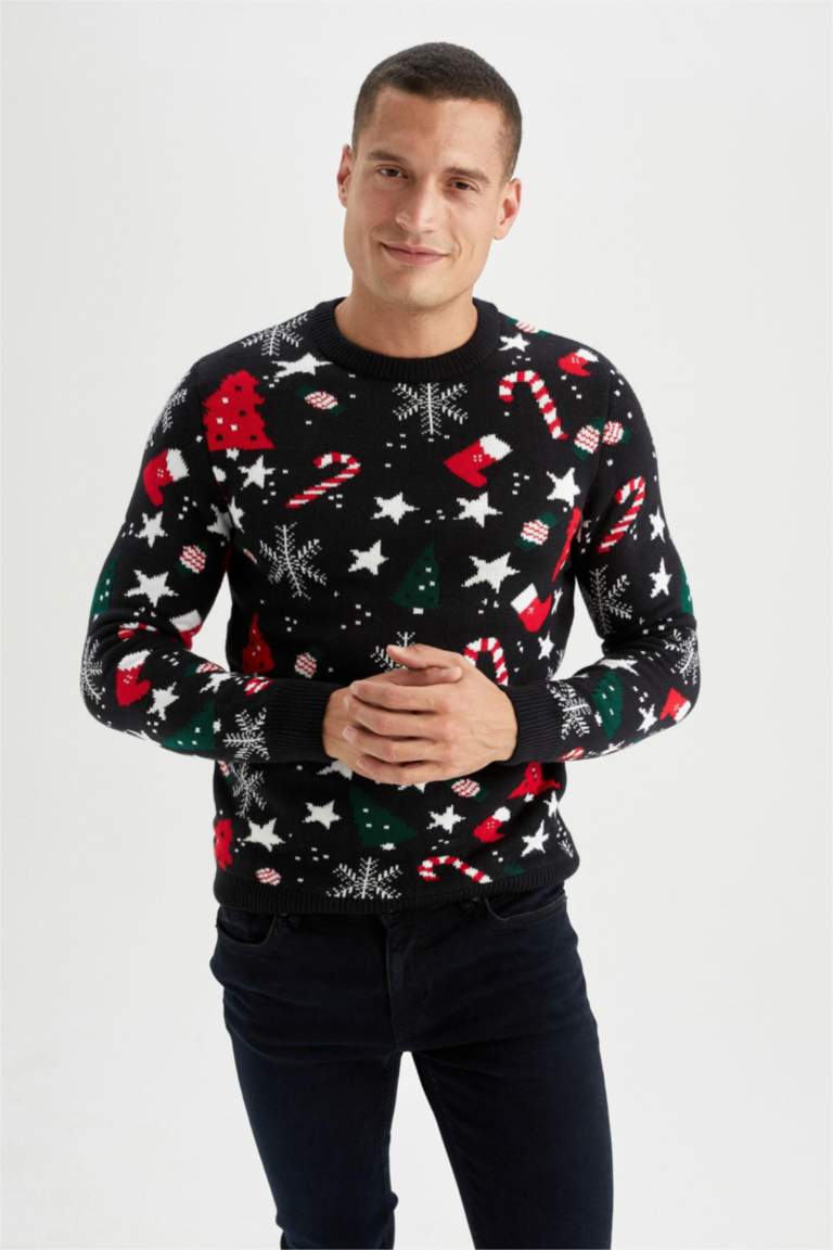 Navy MAN Slim Fit Newyear Themed Knitted Jumper 2086671 DeFacto