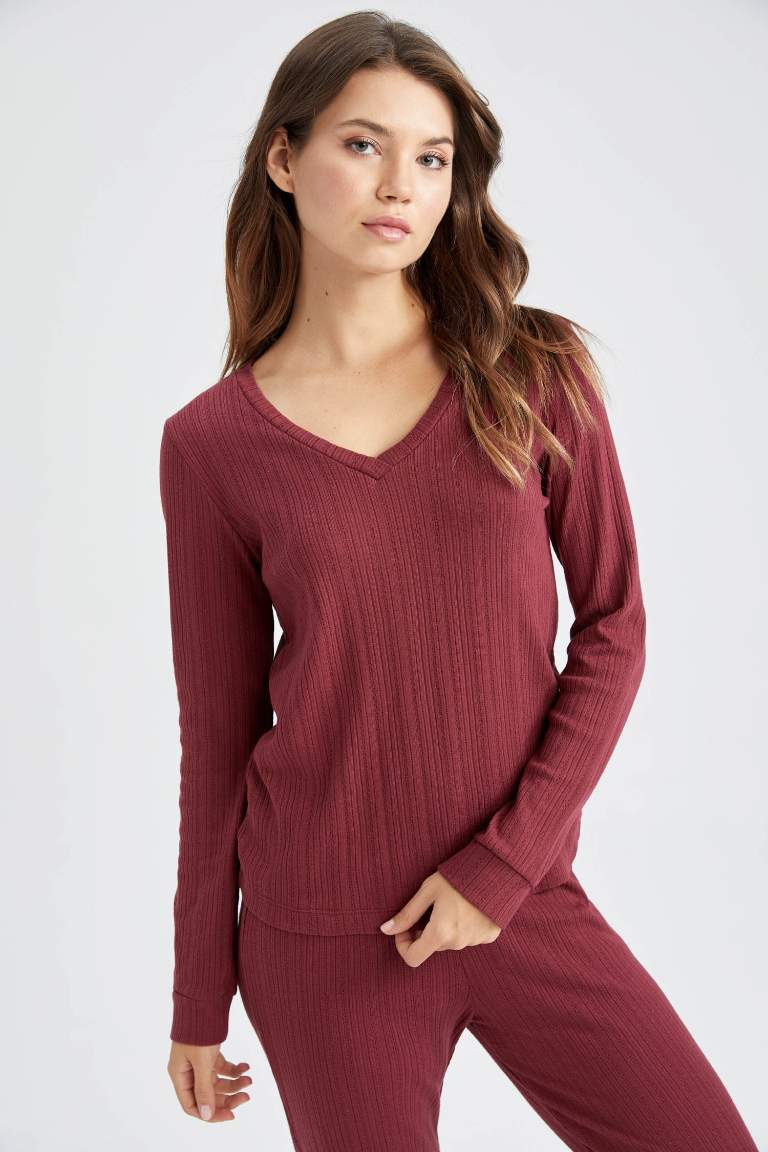 Fall in Love Regular Fit V Yaka Basic Uzun Kollu Pijama Üstü
