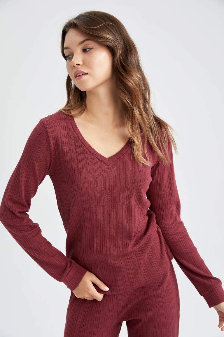 Fall in Love Regular Fit V Yaka Basic Uzun Kollu Pijama Üstü