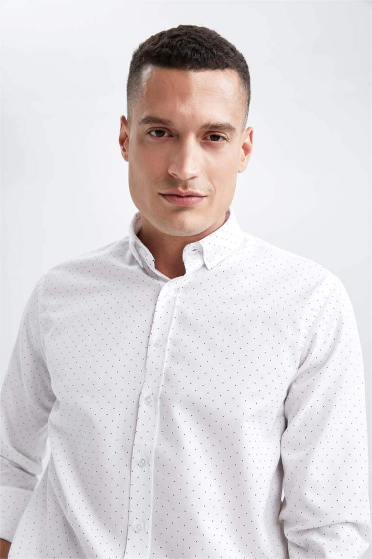 Beyaz Erkek Modern Fit Polo Yaka Baskılı Dokulu Uzun Kollu Gömlek