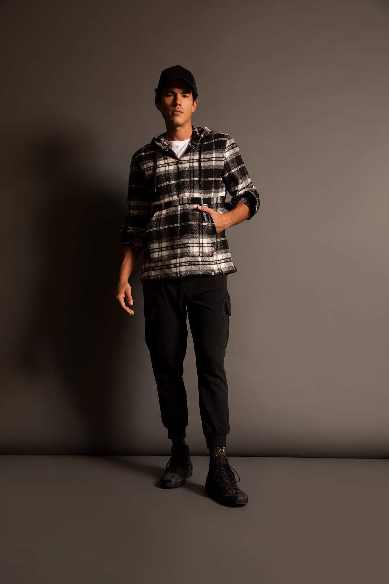 Regular Fit Hooded Plaid Long Sleeve Shirt