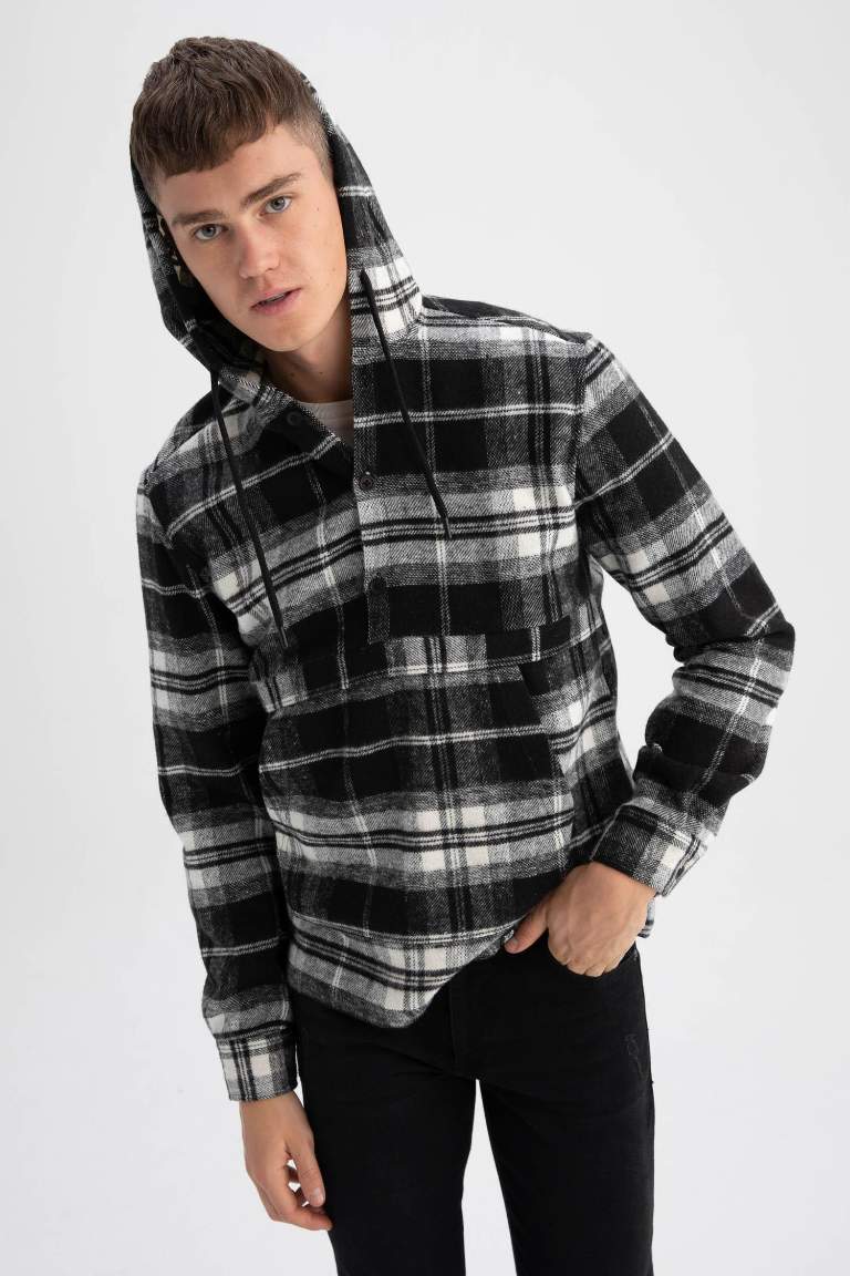 Regular Fit Hooded Plaid Long Sleeve Shirt