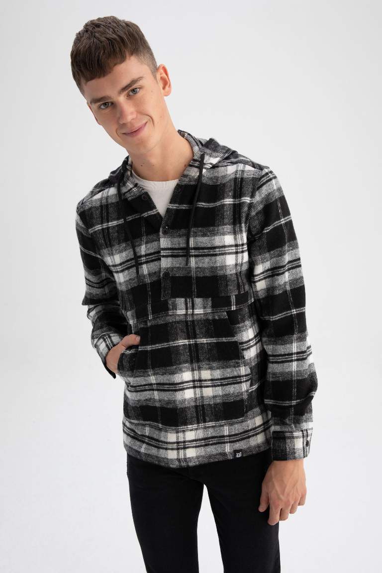 Regular Fit Hooded Plaid Long Sleeve Shirt