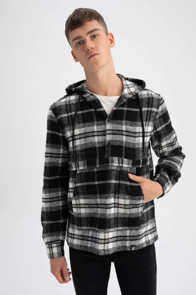 Regular Fit Hooded Plaid Long Sleeve Shirt
