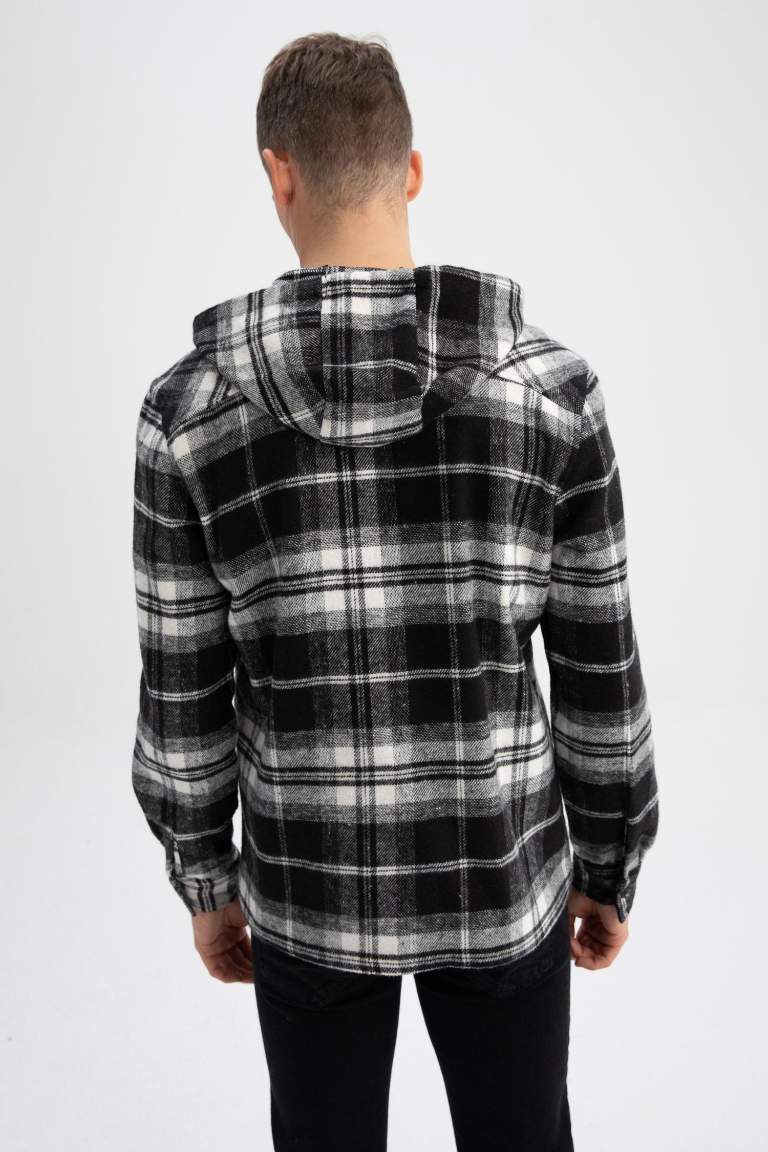 Regular Fit Hooded Plaid Long Sleeve Shirt