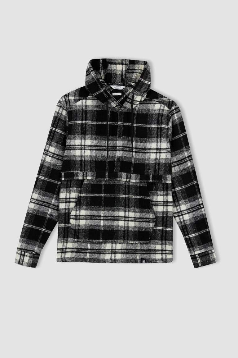 Regular Fit Hooded Plaid Long Sleeve Shirt