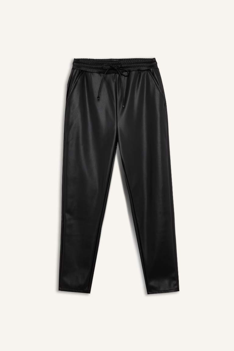 High Waist Pocketed Faux Leather Jogger Pants