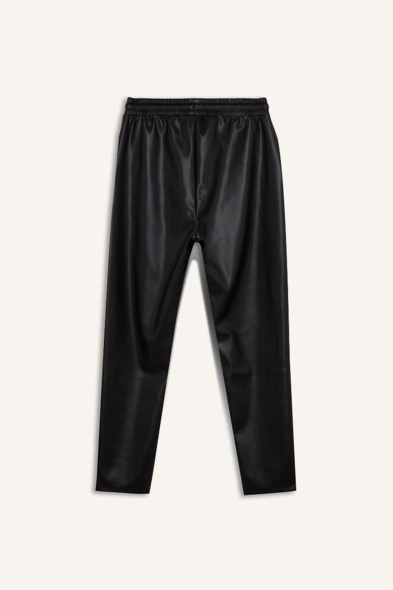 Jogger Fit Cepli Yüksek Bel Standart Paça Suni Deri Pantolon