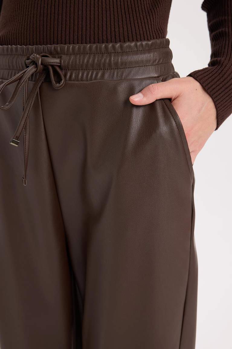 Pocketed High Waist Standard Leg Faux Leather Jogger Pants