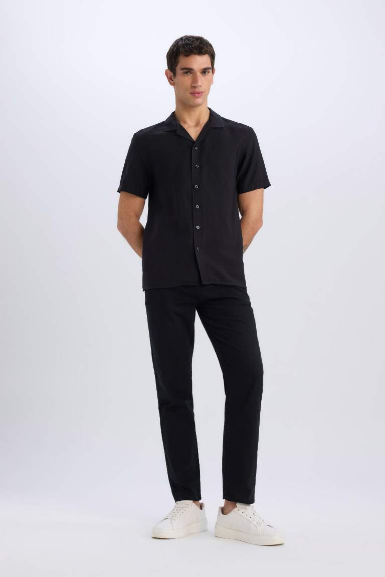 Modern Fit Yazlık Polo Yaka Basic Düz Aerobin Kısa Kollu Siyah Gömlek