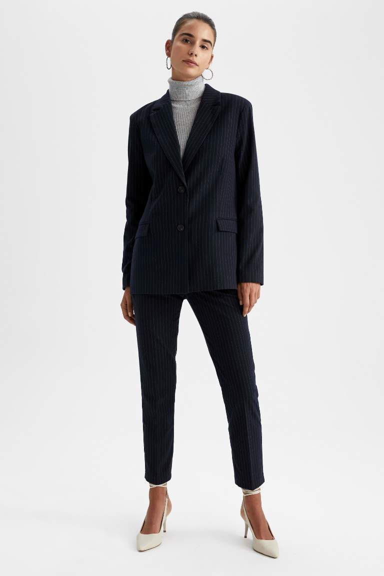 Regular Fit Çizgili Kapaklı Cepli Uzun Kollu Blazer Ceket