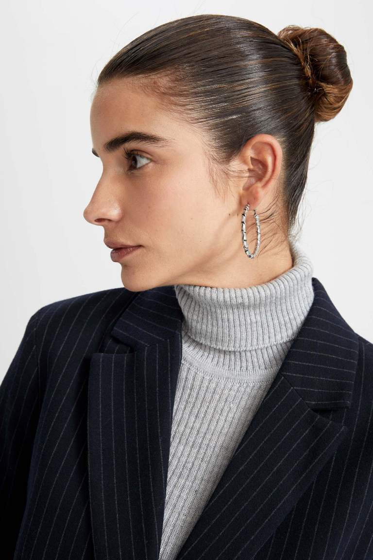 Regular Fit Çizgili Kapaklı Cepli Uzun Kollu Blazer Ceket