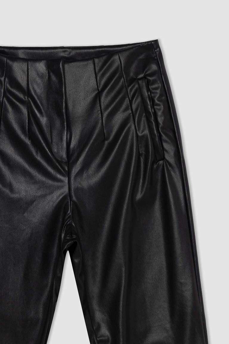 Black Woman Slim Fit Faux Leather Trousers Defacto