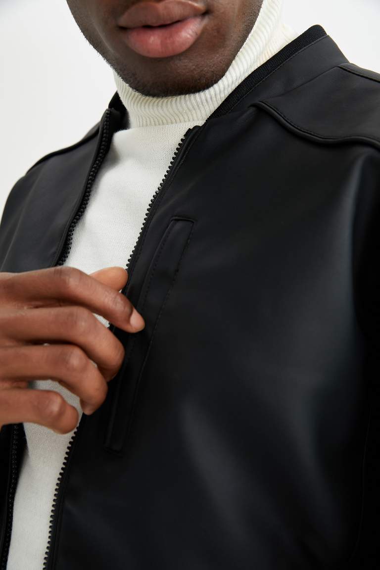 Oversize Fit Kolej Yaka Fermuar Kapamalı Cepli Mevsimlik Suni Deri Bomber Mont Ceket