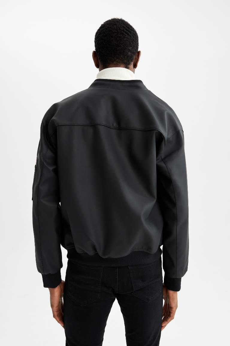 Oversize Fit Kolej Yaka Fermuar Kapamalı Cepli Mevsimlik Suni Deri Bomber Mont Ceket