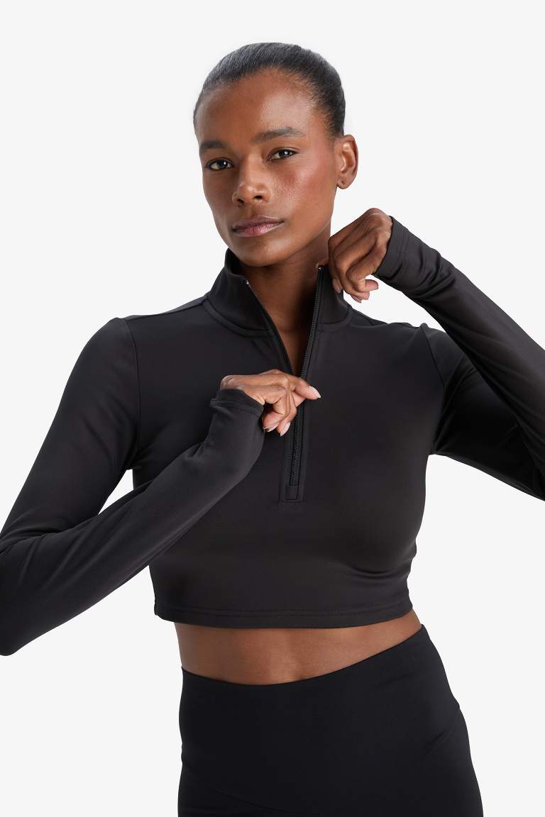DeFactoFit Slim Fit Dar Kesim Fermuarlı Dik Yaka Sporcu Uzun Kollu Tişört