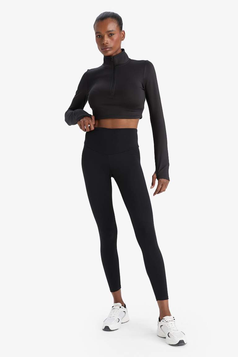 DeFactoFit Slim Fit Dar Kesim Fermuarlı Dik Yaka Sporcu Uzun Kollu Tişört