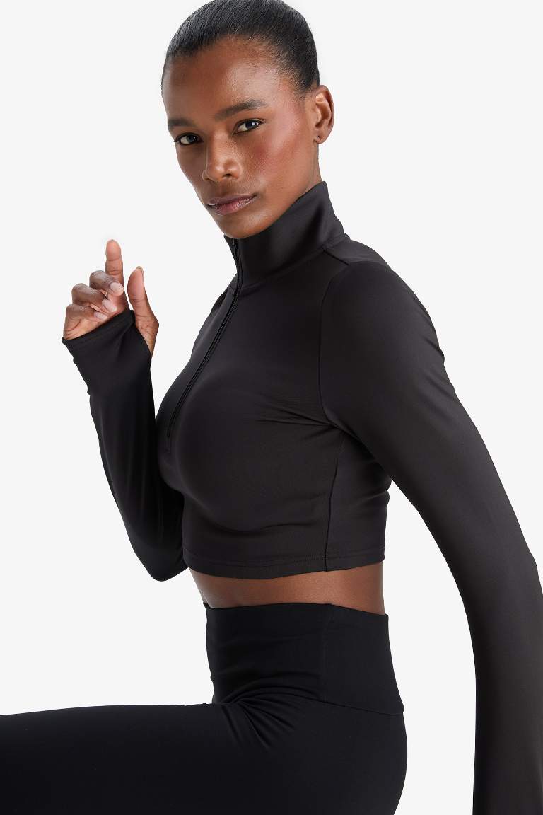 DeFactoFit Slim Fit Dar Kesim Fermuarlı Dik Yaka Sporcu Uzun Kollu Tişört