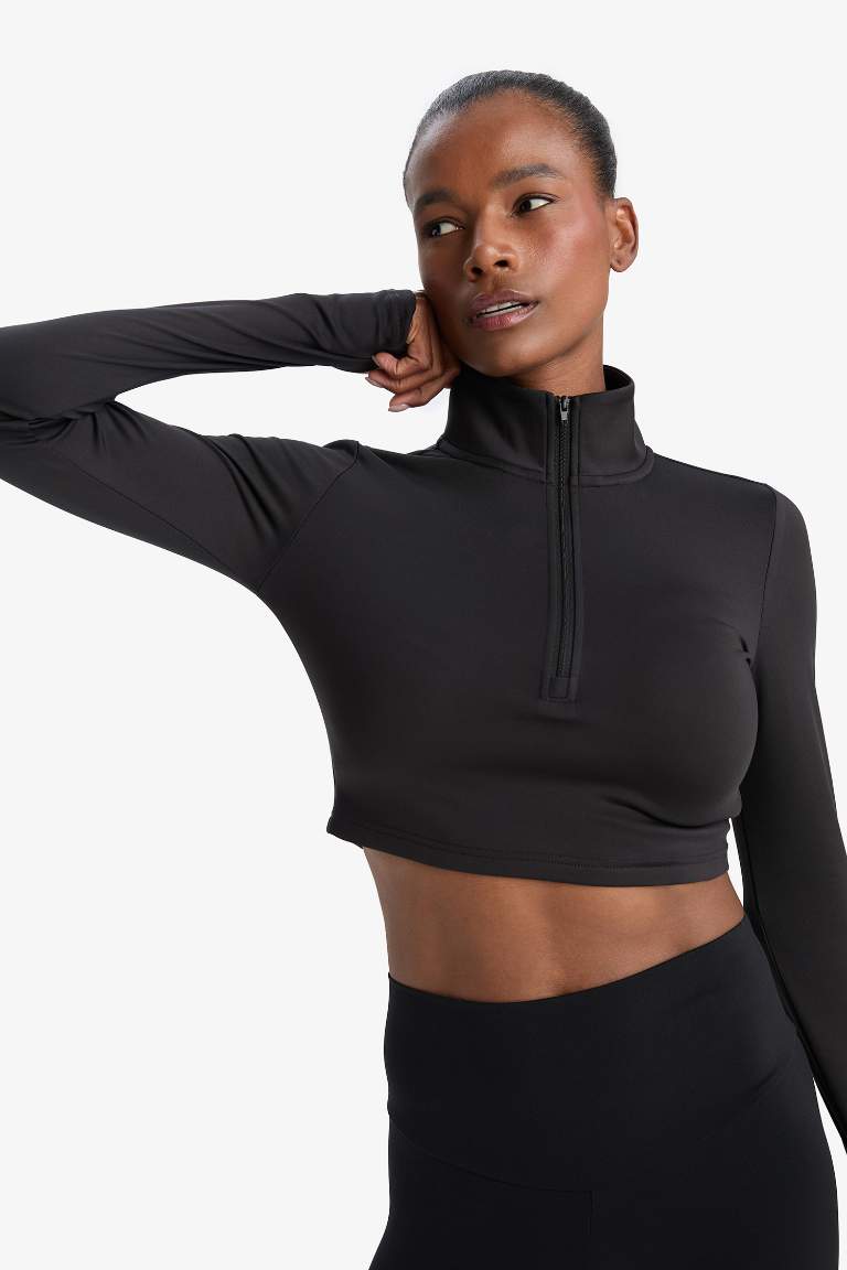 DeFactoFit Slim Fit Dar Kesim Fermuarlı Dik Yaka Sporcu Uzun Kollu Tişört