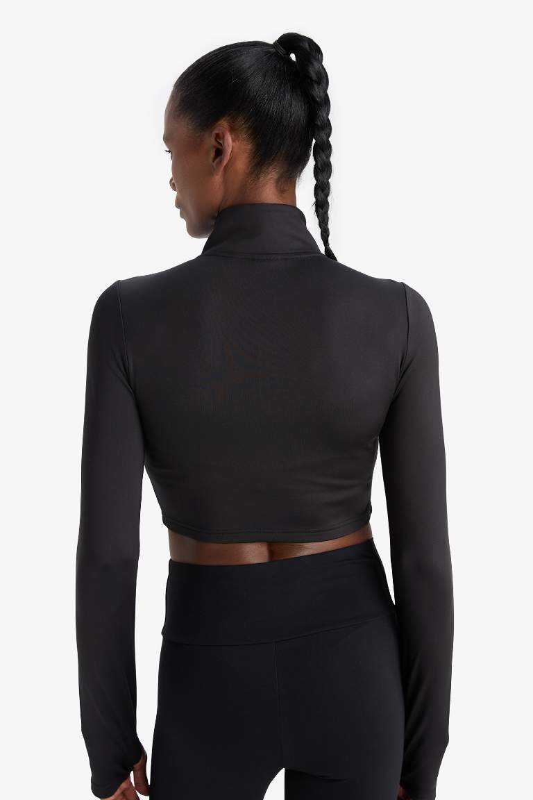 DeFactoFit Slim Fit Dar Kesim Fermuarlı Dik Yaka Sporcu Uzun Kollu Tişört