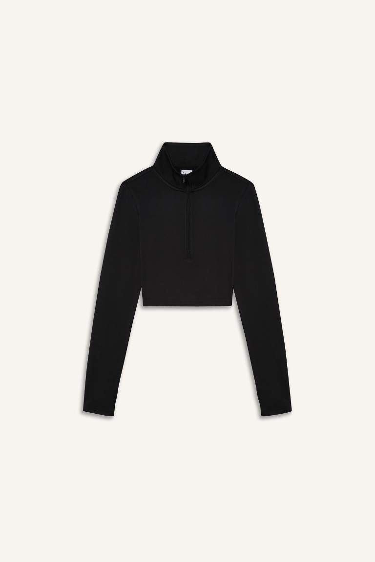 DeFactoFit Slim Fit Dar Kesim Fermuarlı Dik Yaka Sporcu Uzun Kollu Tişört