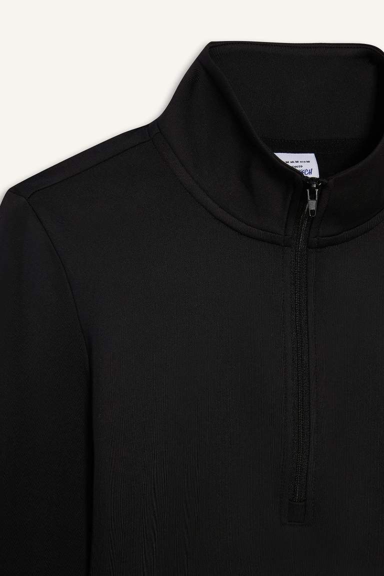DeFactoFit Slim Fit Dar Kesim Fermuarlı Dik Yaka Sporcu Uzun Kollu Tişört