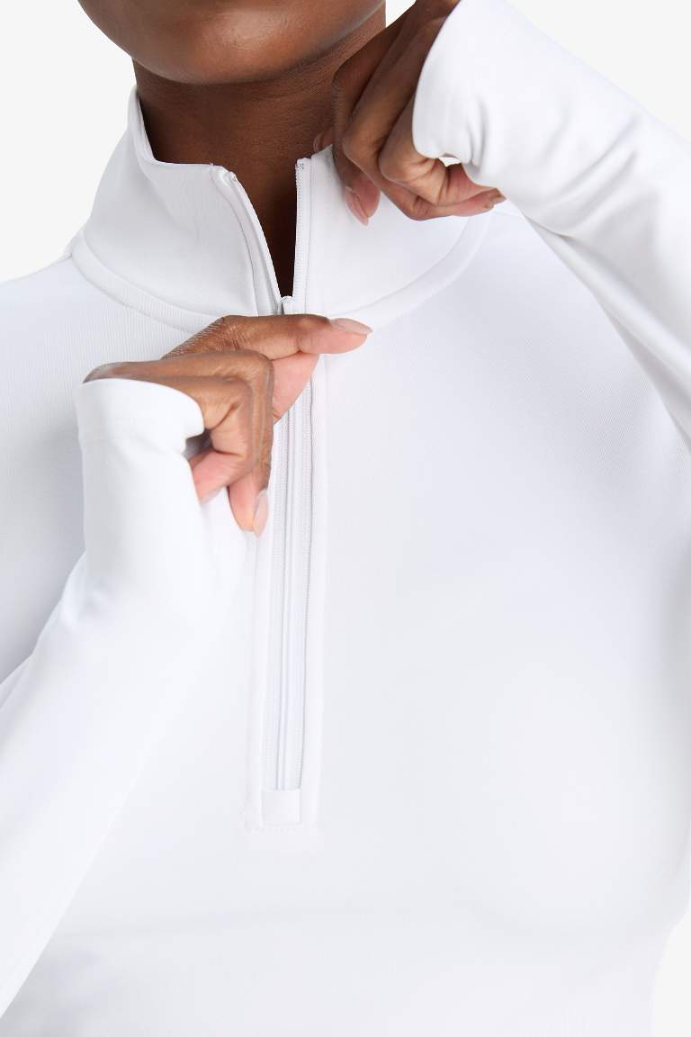 DeFactoFit Slim Fit Dar Kesim Fermuarlı Dik Yaka Uzun Kollu Tişört