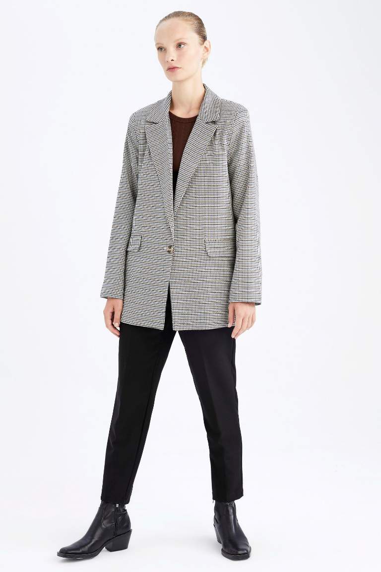 Regular Fit Kareli Tek Düğmeli Blazer Ceket