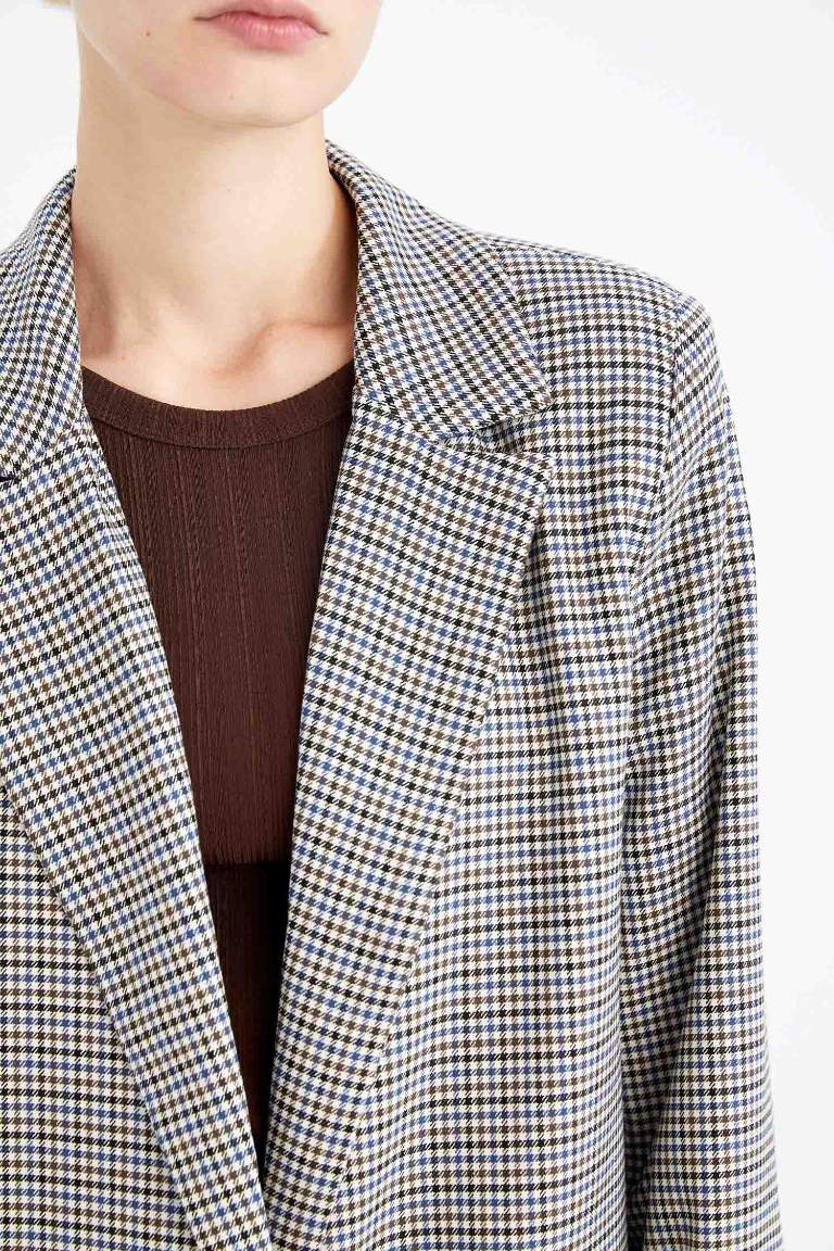 Regular Fit Kareli Tek Düğmeli Blazer Ceket