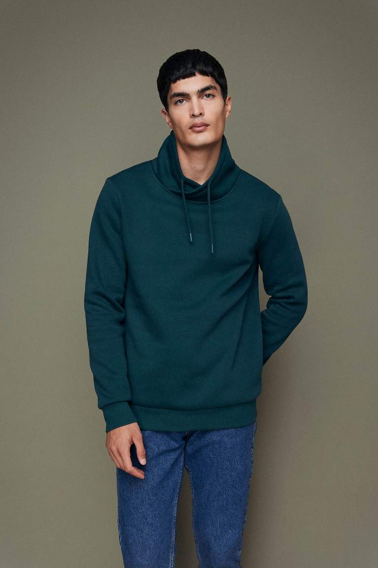 Regular Fit Şal Yaka Kalın Basic Düz Sweatshirt