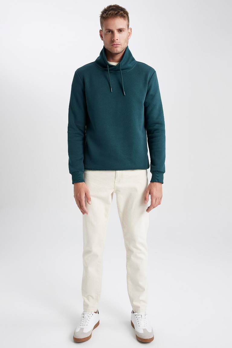 Regular Fit Şal Yaka Kalın Basic Düz Sweatshirt