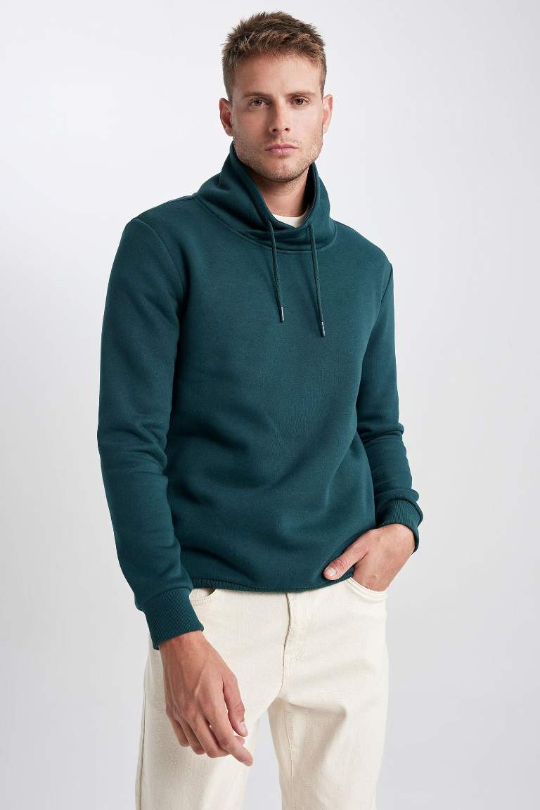 Regular Fit Şal Yaka Kalın Basic Düz Sweatshirt