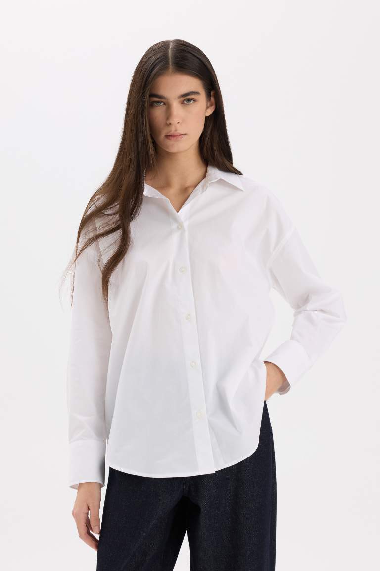 Oversize Fit Shirt Collar Poplin Long Sleeve Shirt