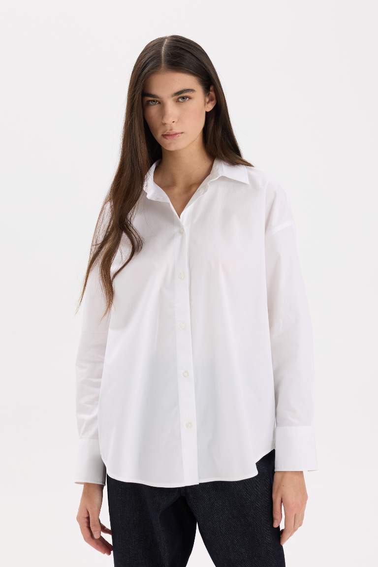 Oversize Fit Shirt Collar Poplin Long Sleeve Shirt