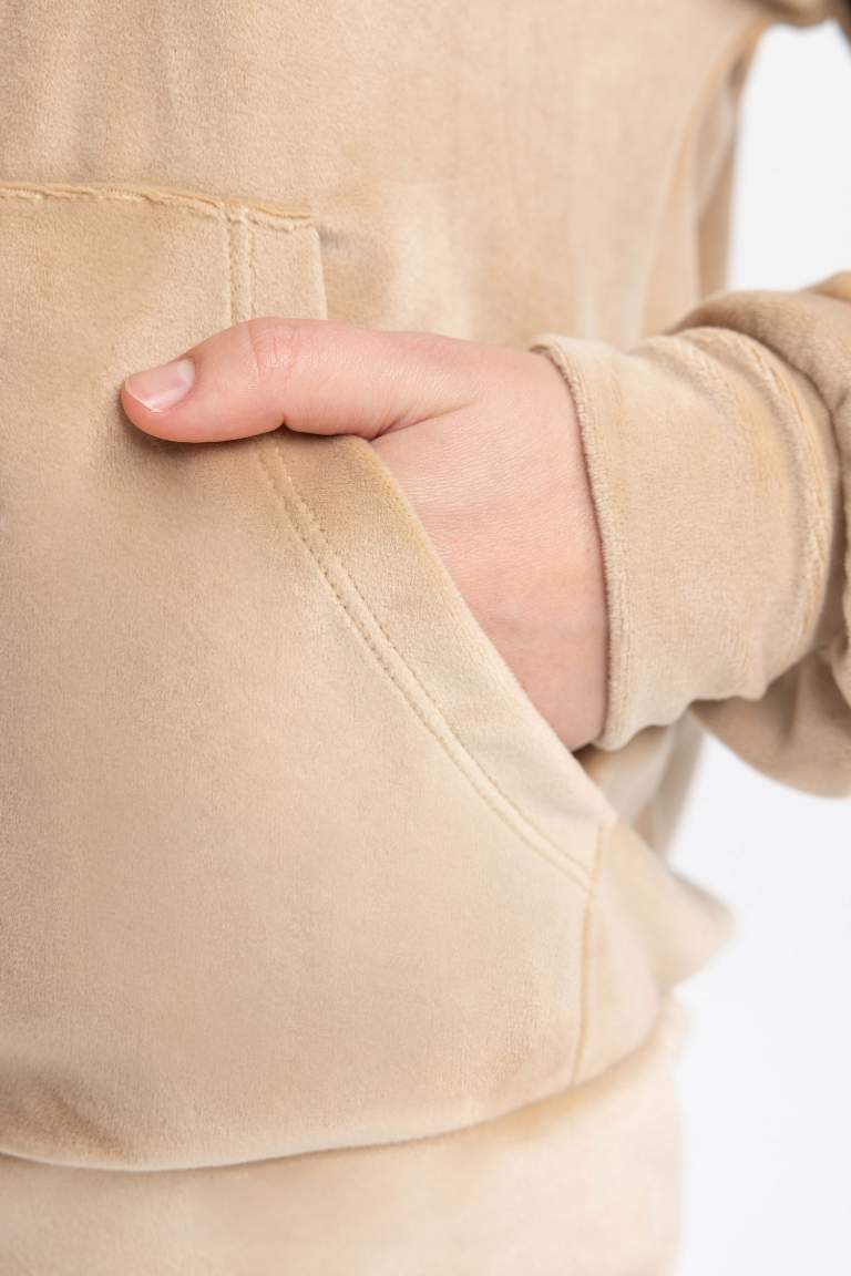 سويت شيرت مخمل قصة عادية بغطاء للرأس بجيب