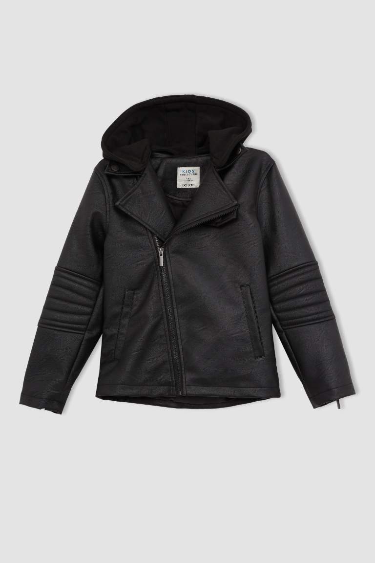 Boy Long Sleeve Faux Leather Hooded Jacket