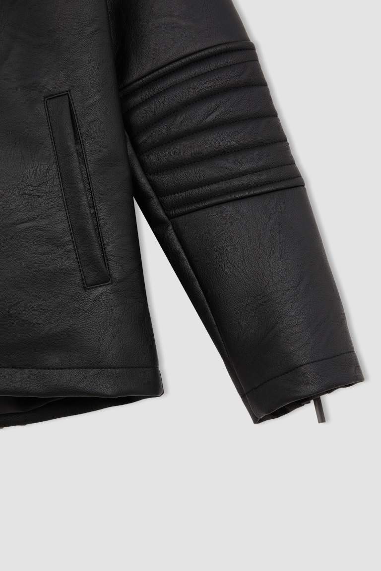 Boy Long Sleeve Faux Leather Hooded Jacket