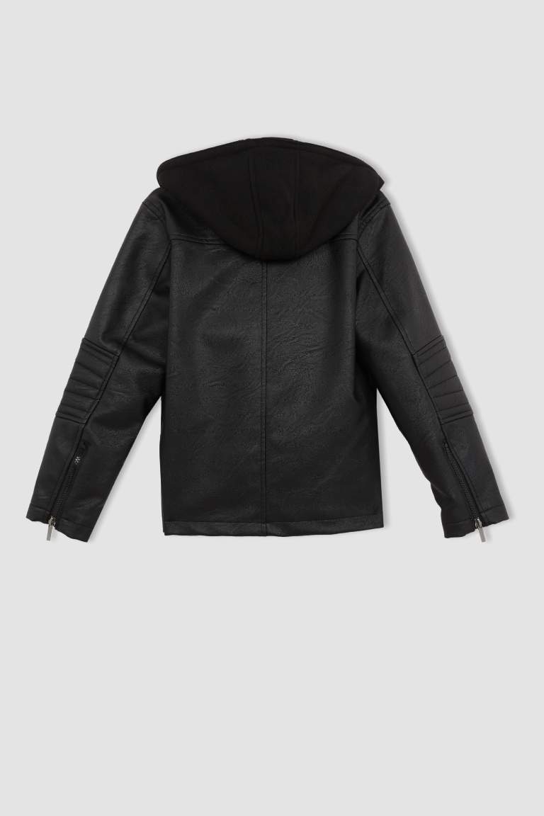 Boy Long Sleeve Faux Leather Hooded Jacket