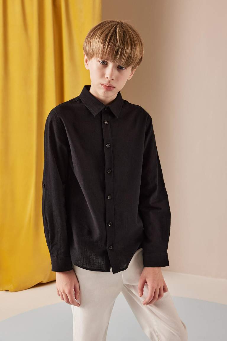 Boy Regular Fit Polo Collar Linen Look Long Sleeve Shirt