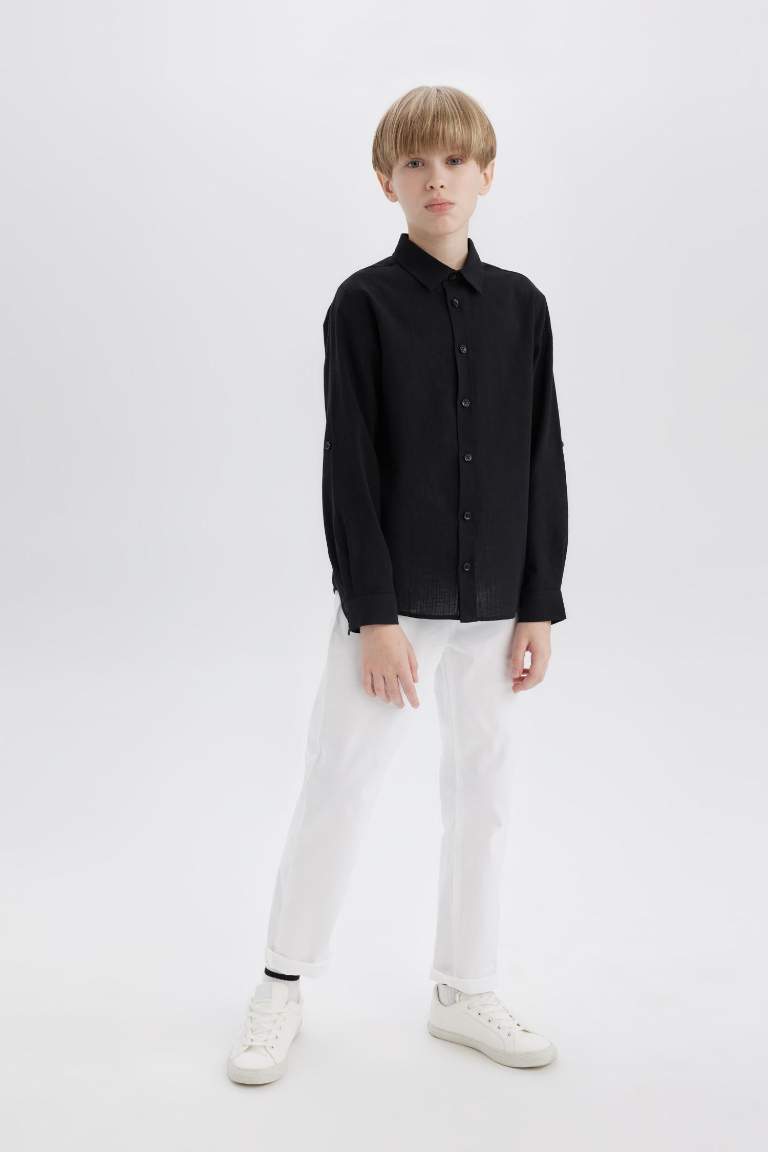 Boy Regular Fit Polo Collar Linen Look Long Sleeve Shirt