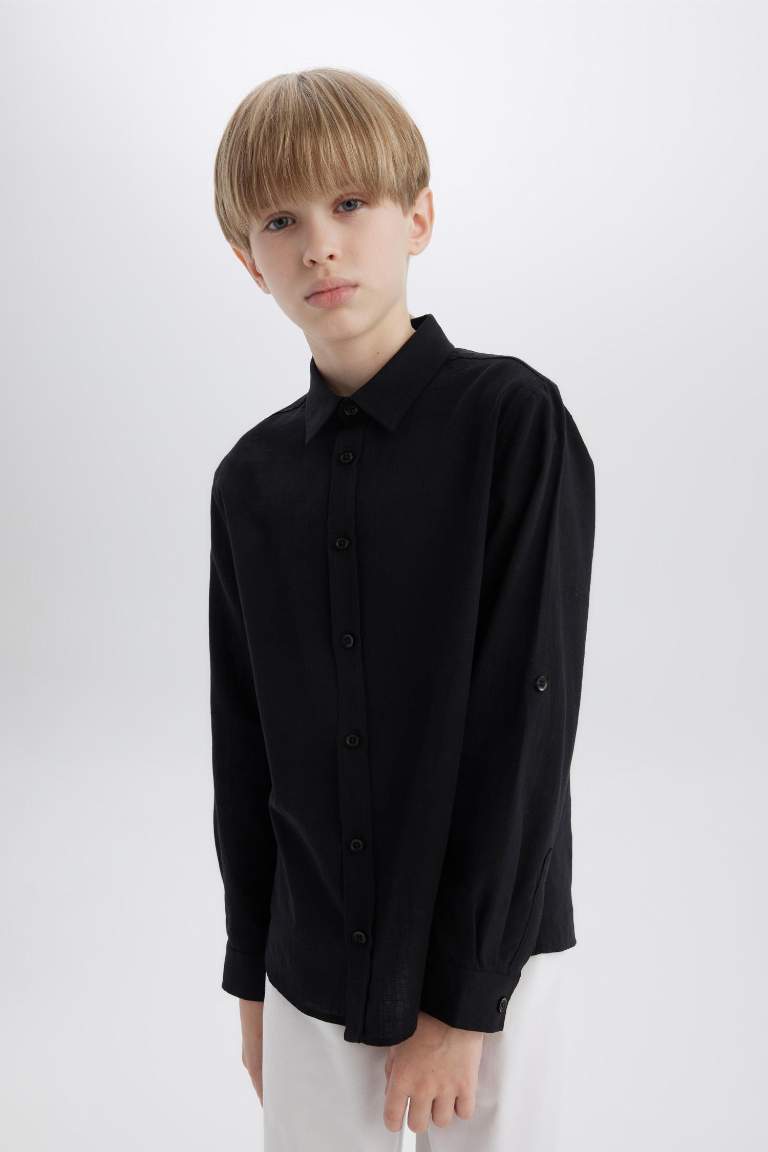 Boy Regular Fit Polo Collar Linen Look Long Sleeve Shirt